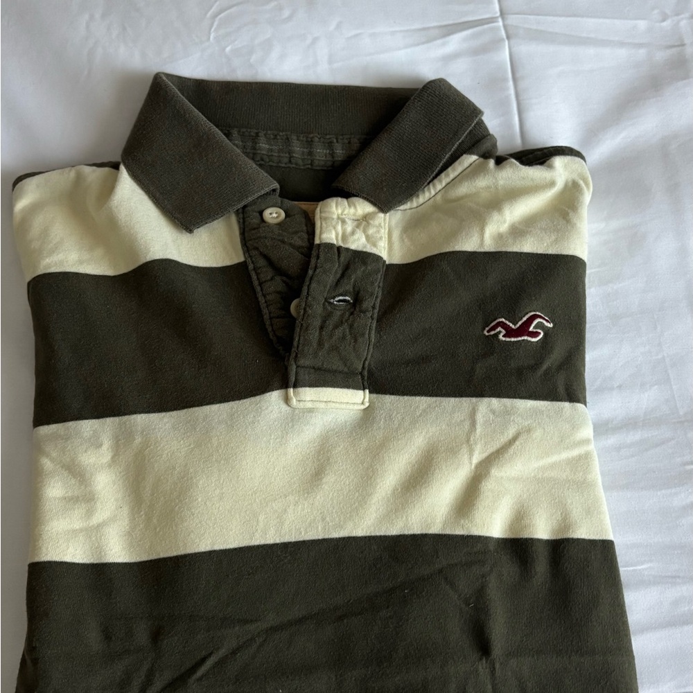 Hollister Black and Cream Striped Polo Shirt